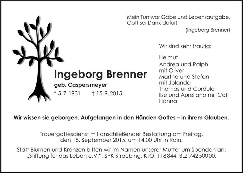 Traueranzeige Ingeborg Brenner