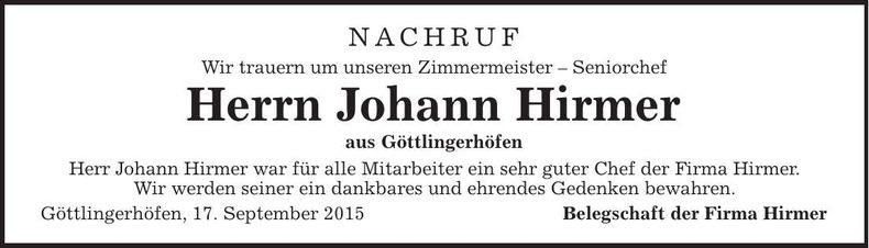 Traueranzeige Johann Hirmer