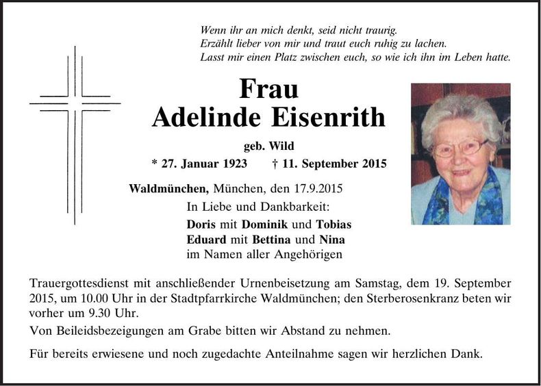 Traueranzeige Adelinde Eisenrith