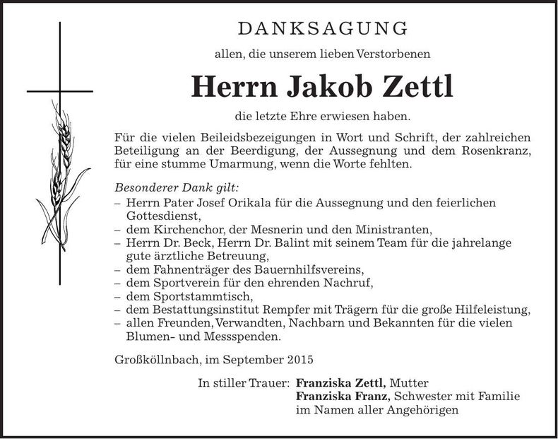 Traueranzeige Jakob Zettl