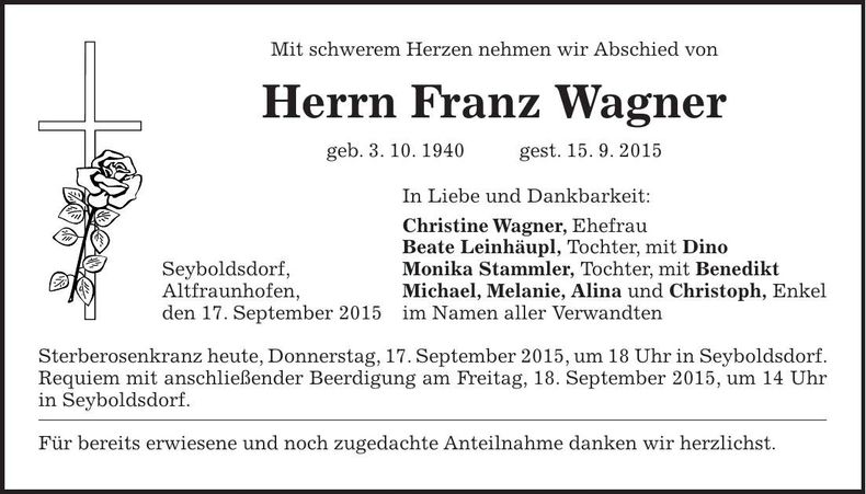 Traueranzeige Franz Wagner