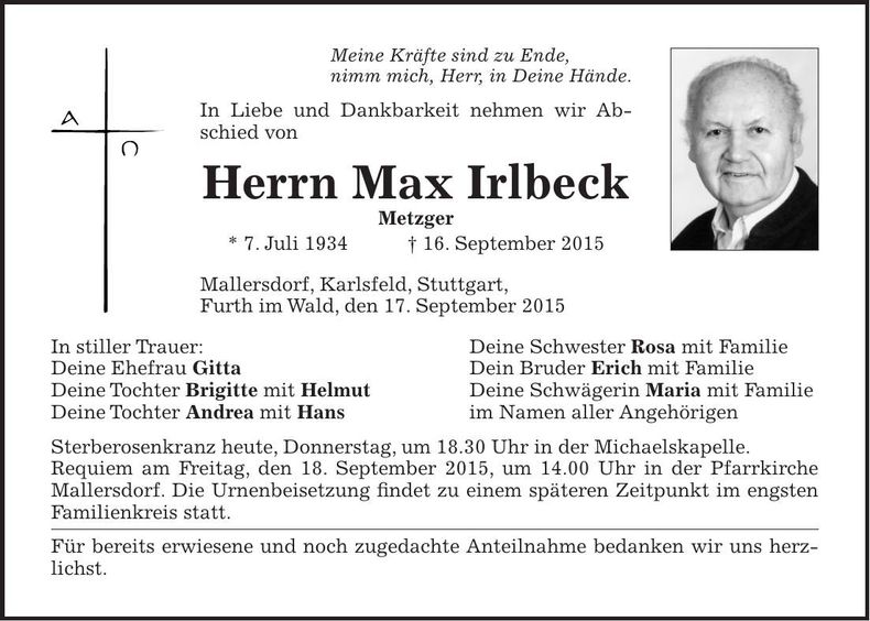 Traueranzeige Max Irlbeck