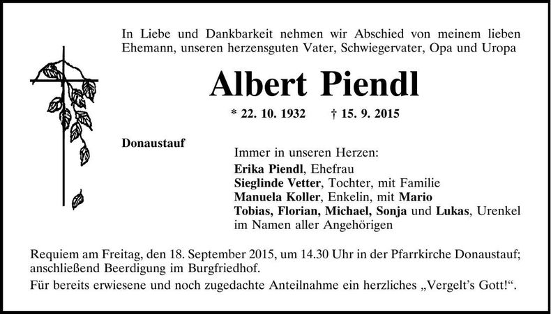 Traueranzeige Albert Piendl