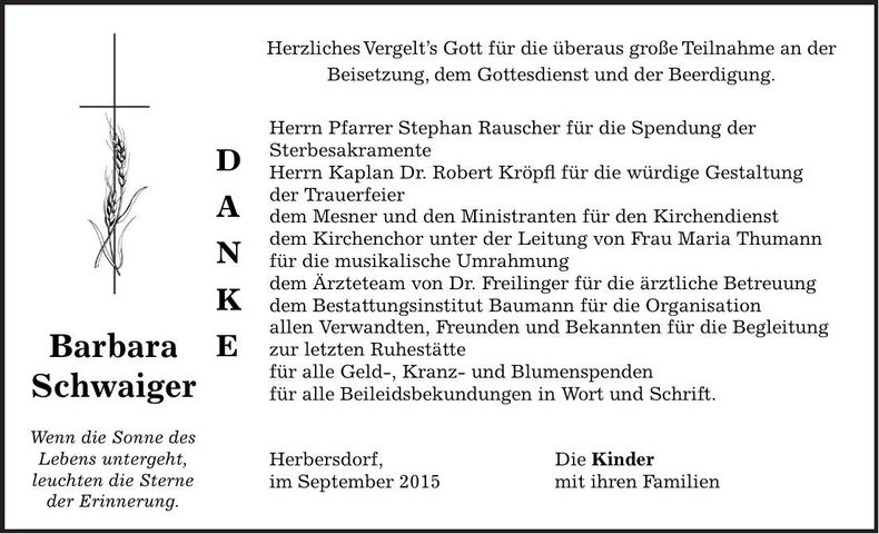 Traueranzeige Barbara Schwaiger