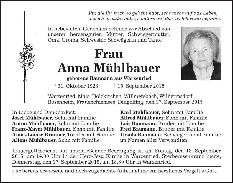 Traueranzeige Anna Mühlbauer