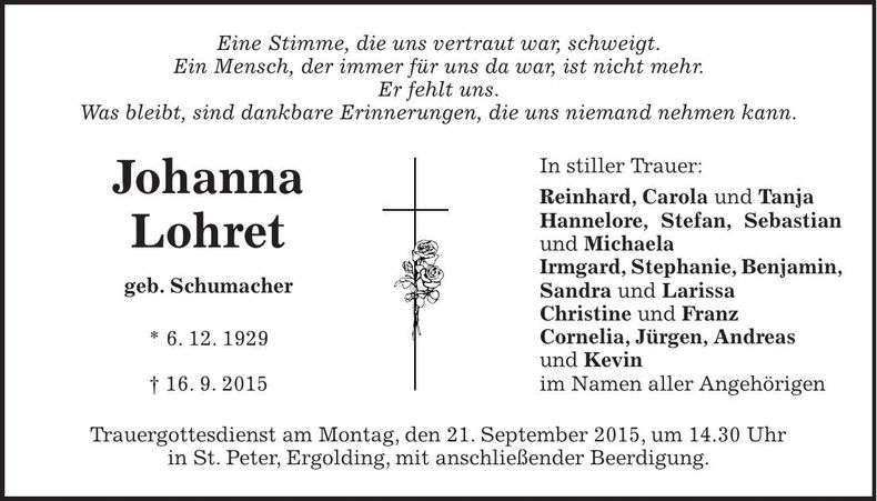 Traueranzeige Johanna Lohret