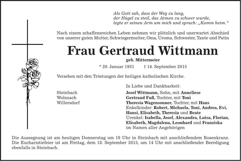 Traueranzeige Gertraud Wittmann
