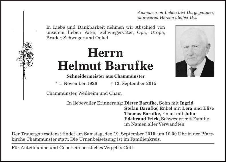 Traueranzeige Helmut Barufke