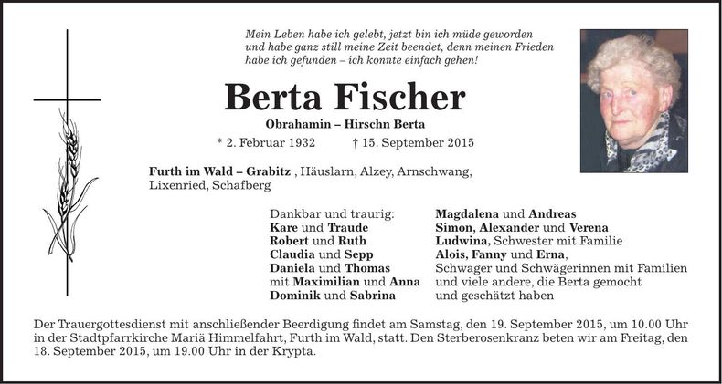 Traueranzeige Berta Fischer