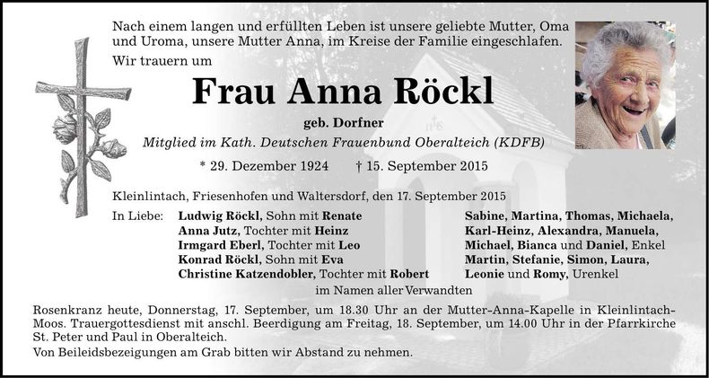 Traueranzeige Anna Röckl