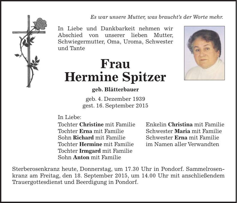 Traueranzeige Hermine Spitzer