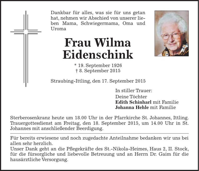 Traueranzeige Wilma Eidenschink