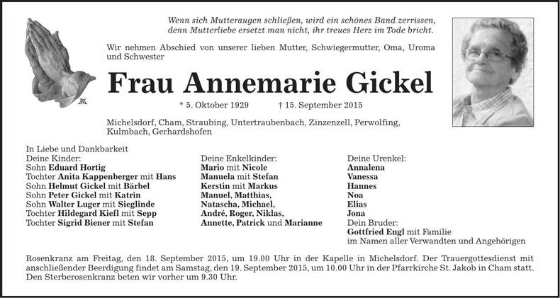 Traueranzeige Annemarie Gickel