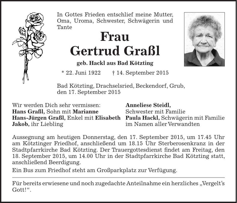 Traueranzeige Gertrud Graßl