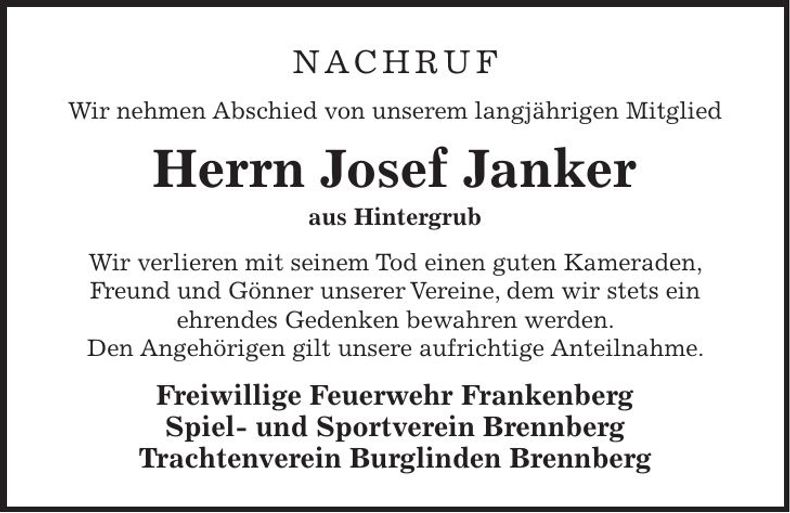 Traueranzeige Josef Janker