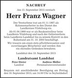 Traueranzeige Franz Wagner