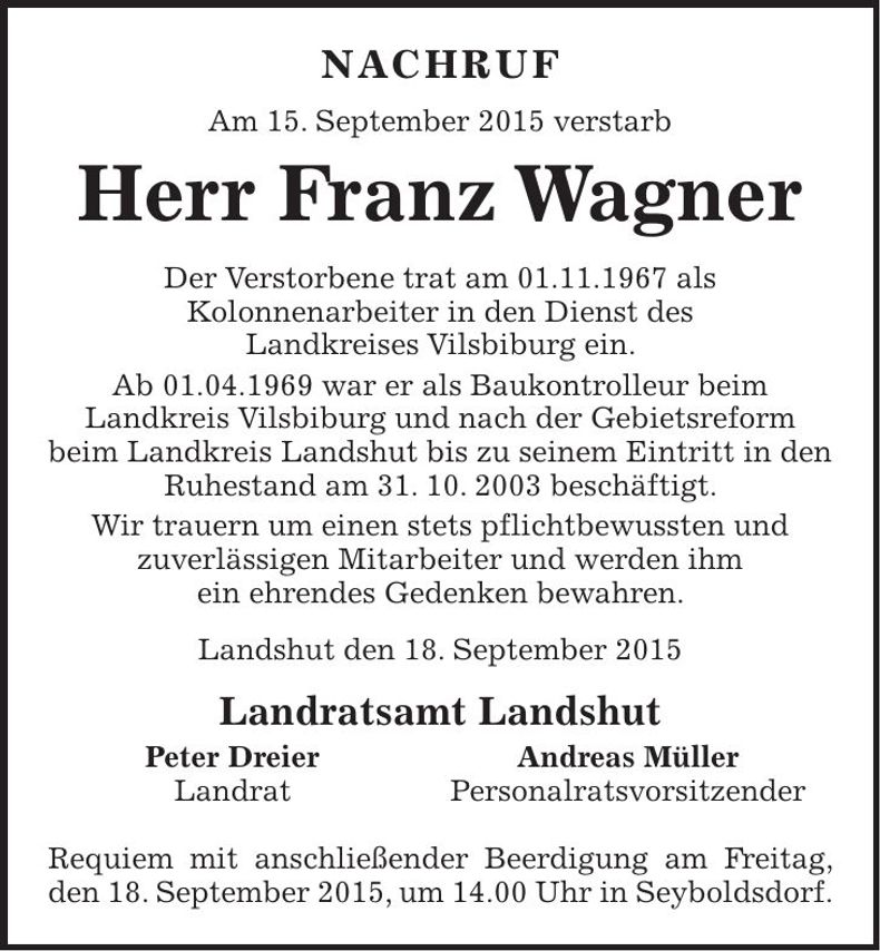 Traueranzeige Franz Wagner