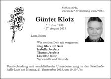 Traueranzeige Günter Klotz