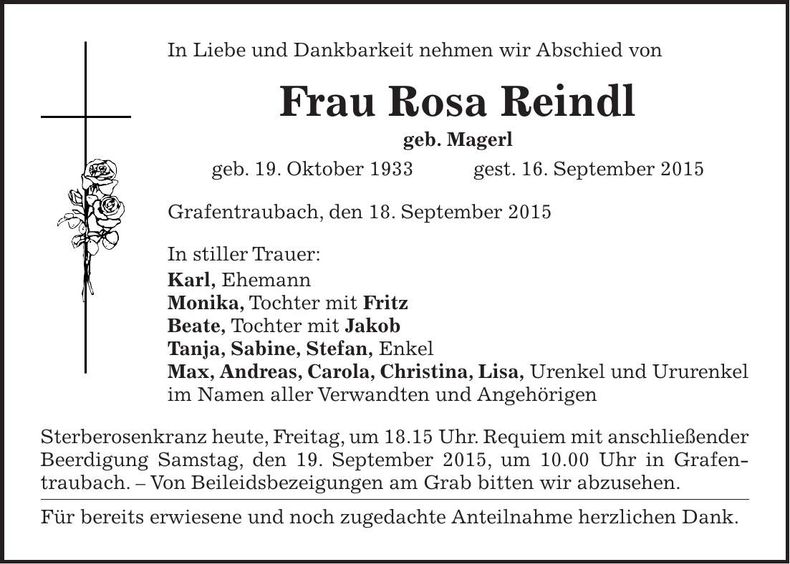 Traueranzeige Rosa Reindl