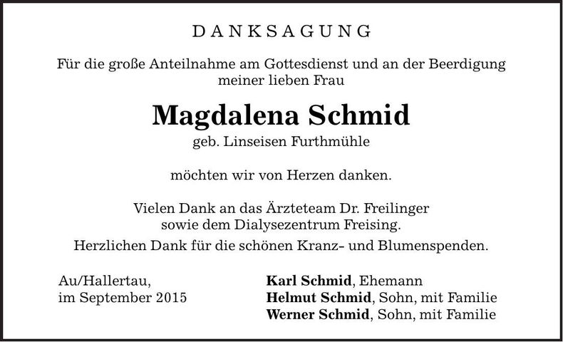 Traueranzeige Magdalena Schmid
