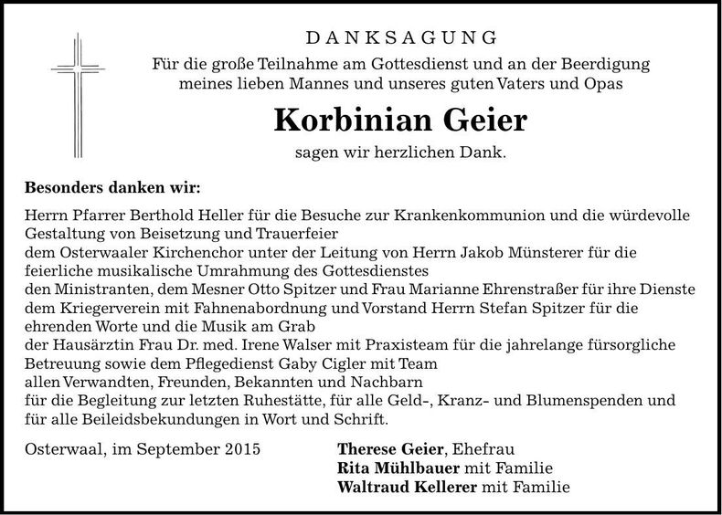 Traueranzeige Korbinian Geier