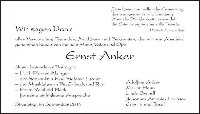 Traueranzeige Ernst Anker