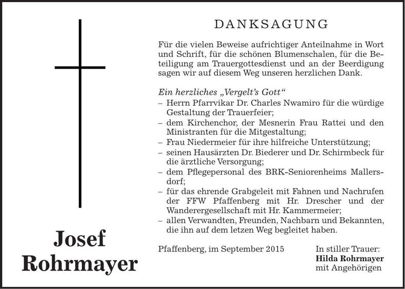 Traueranzeige Josef Rohrmayer