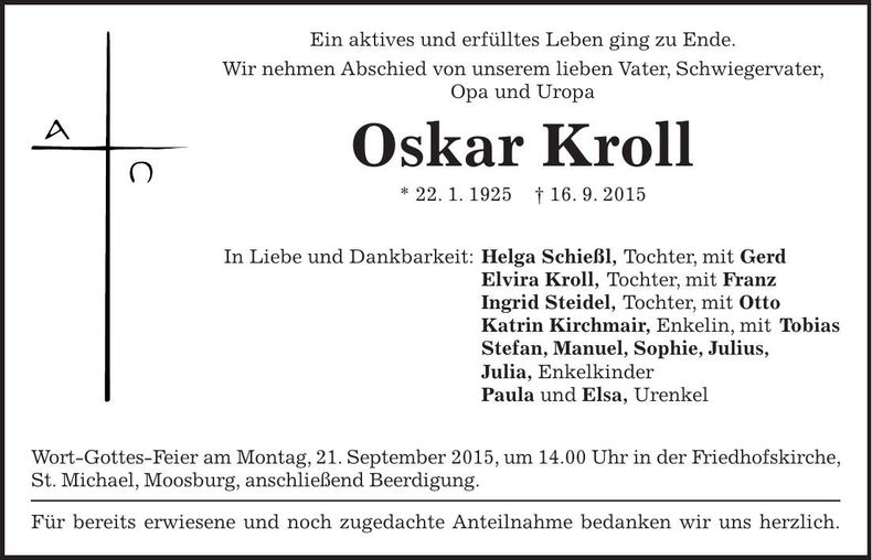 Traueranzeige Oskar Kroll