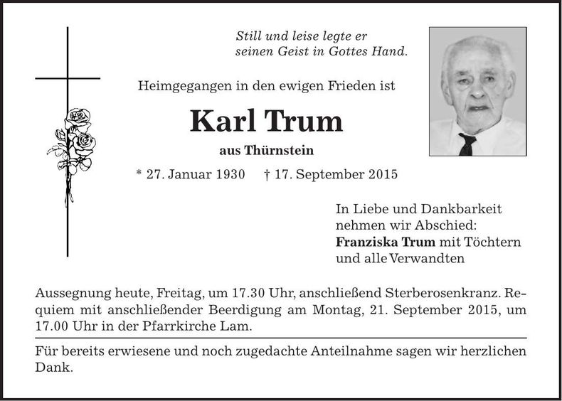 Traueranzeige Karl Trum