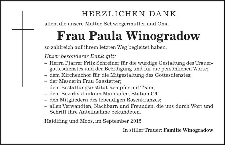 Traueranzeige Paula Winogradow