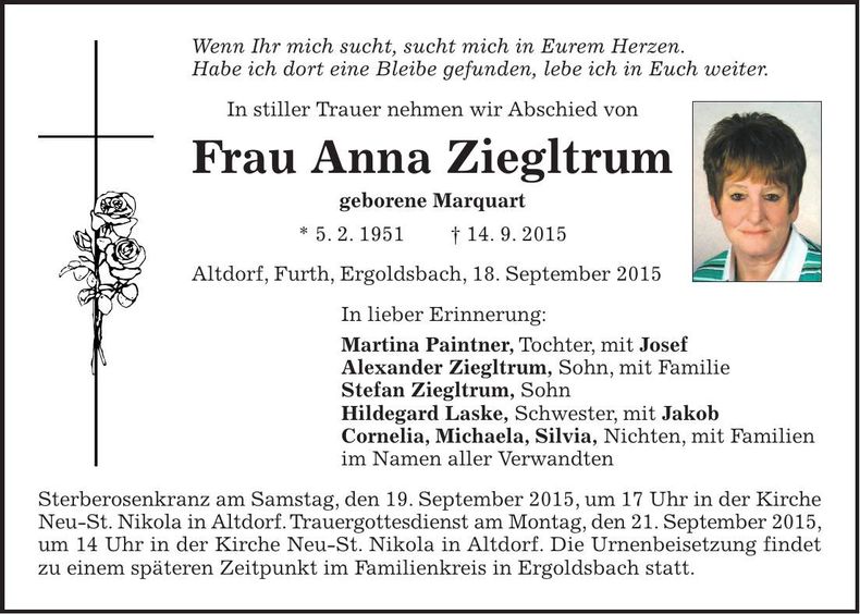 Traueranzeige Anna Ziegltrum