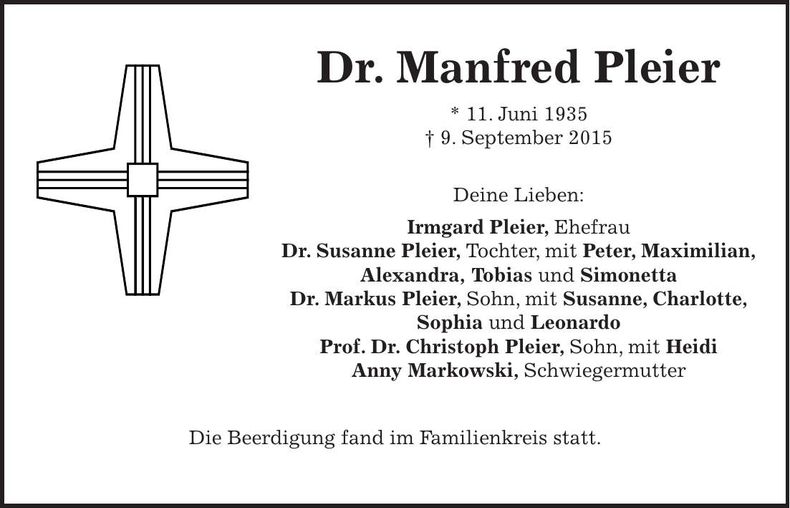 Traueranzeige Manfred Pleier