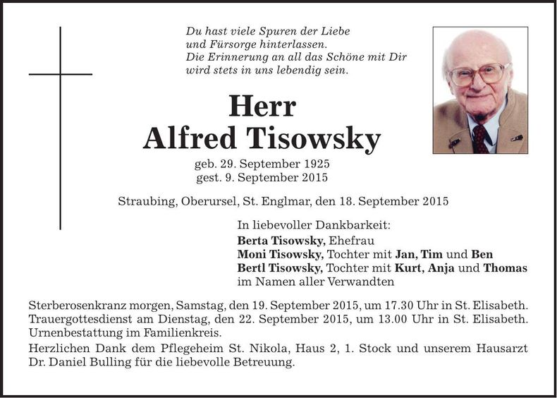 Traueranzeige Alfred Tisowsky