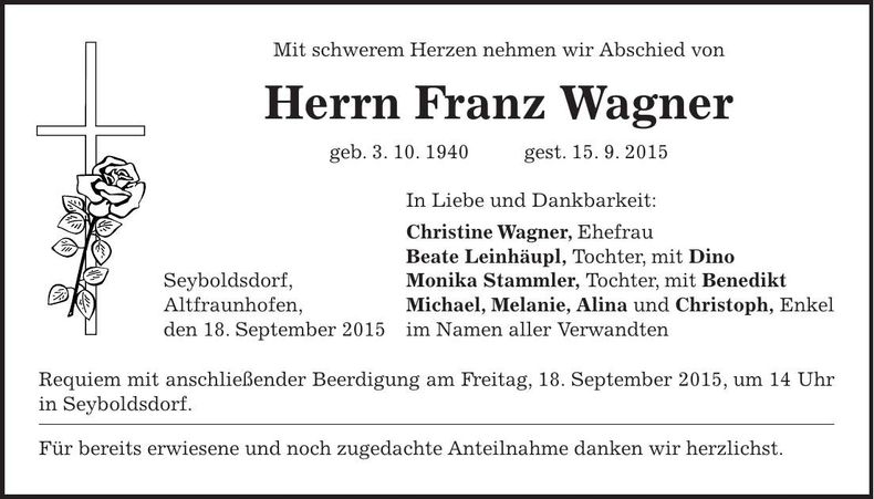 Traueranzeige Franz Wagner