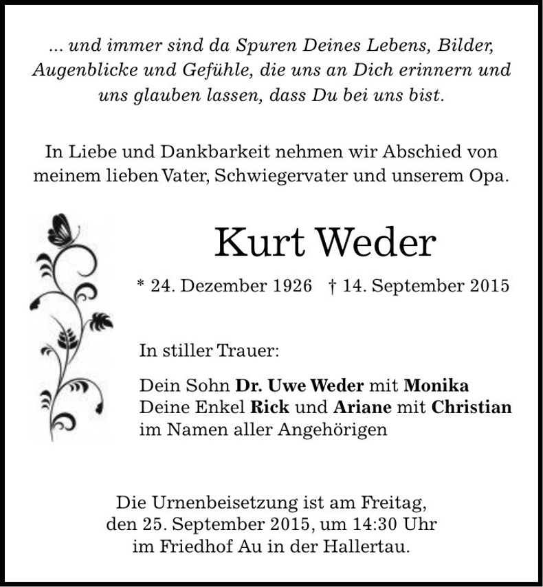 Traueranzeige Kurt Weder