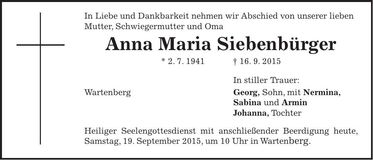 Traueranzeige Anna Maria Siebenbürger