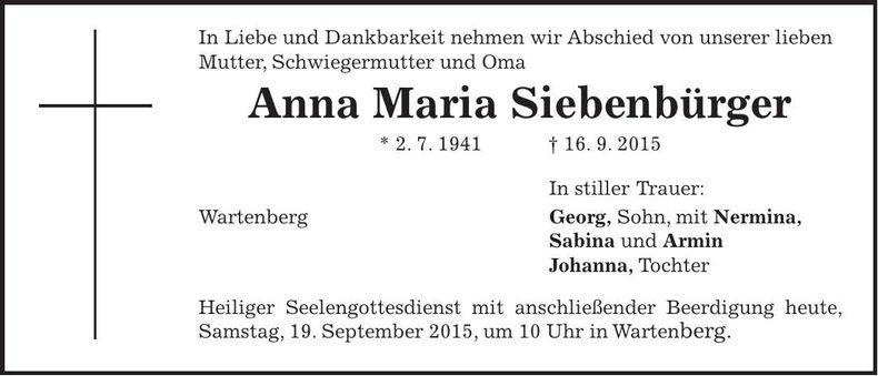 Traueranzeige Anna Maria Siebenbürger