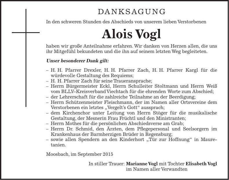 Traueranzeige Alois Vogl