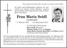 Traueranzeige Maria Seidl