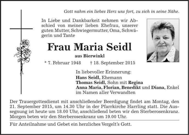 Traueranzeige Maria Seidl
