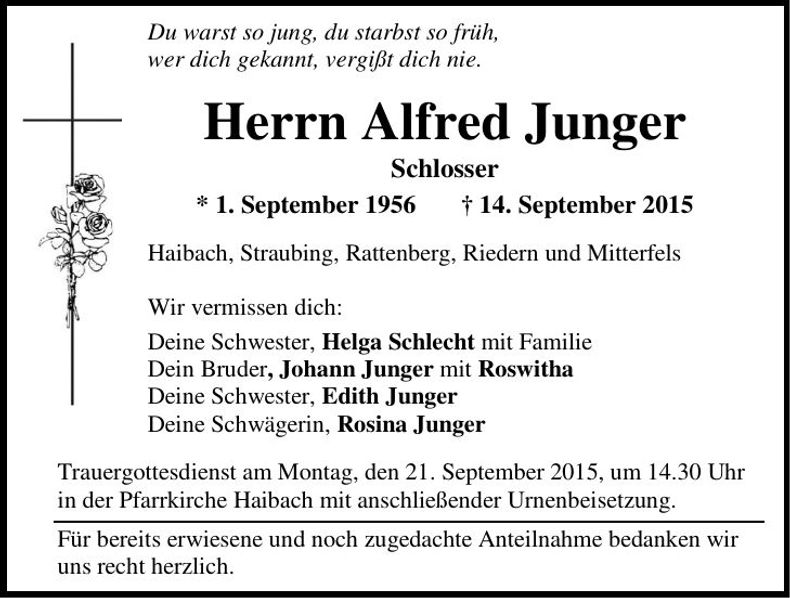 Traueranzeige Alfred Junger