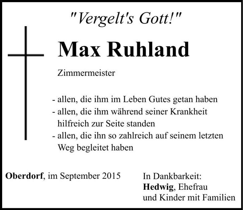Traueranzeige Max Ruhland