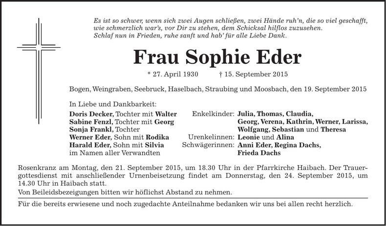 Traueranzeige Sophie Eder