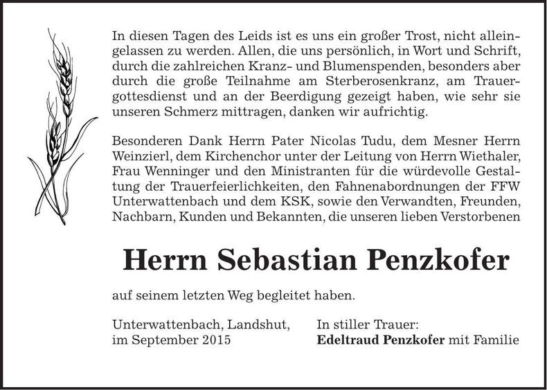 Traueranzeige Sebastian Penzkofer