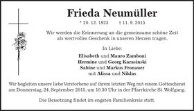 Traueranzeige Frieda Neumüller