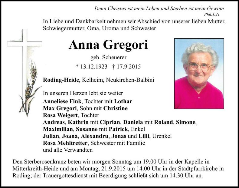 Traueranzeige Anna Gregori