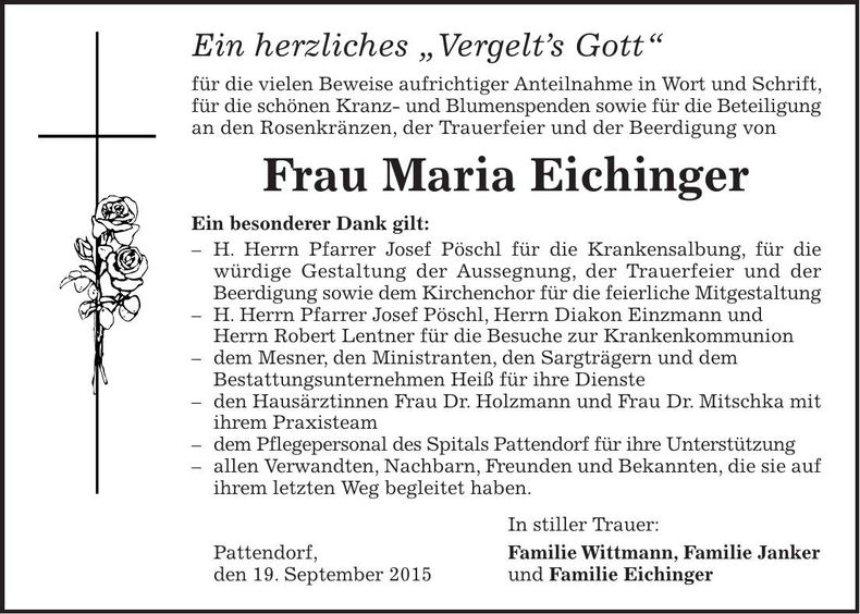 Traueranzeige Maria Eichinger