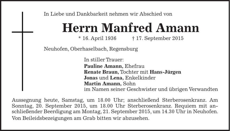 Traueranzeige Manfred Amann