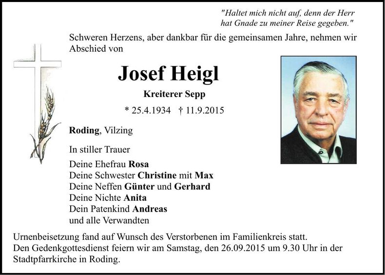 Traueranzeige Josef Heigl