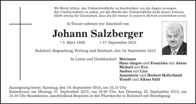 Traueranzeige Johann Salzberger
